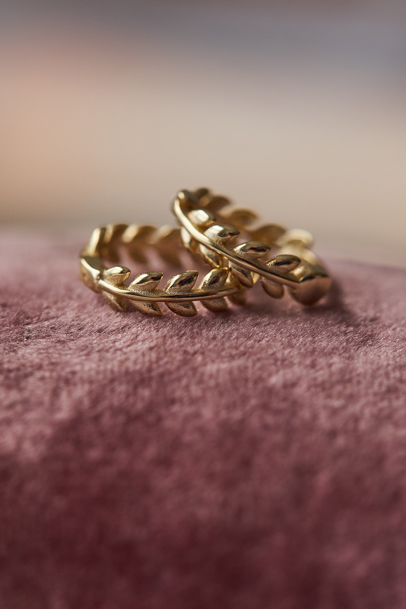 Gold hoop laurel earrings on a pink textured surface