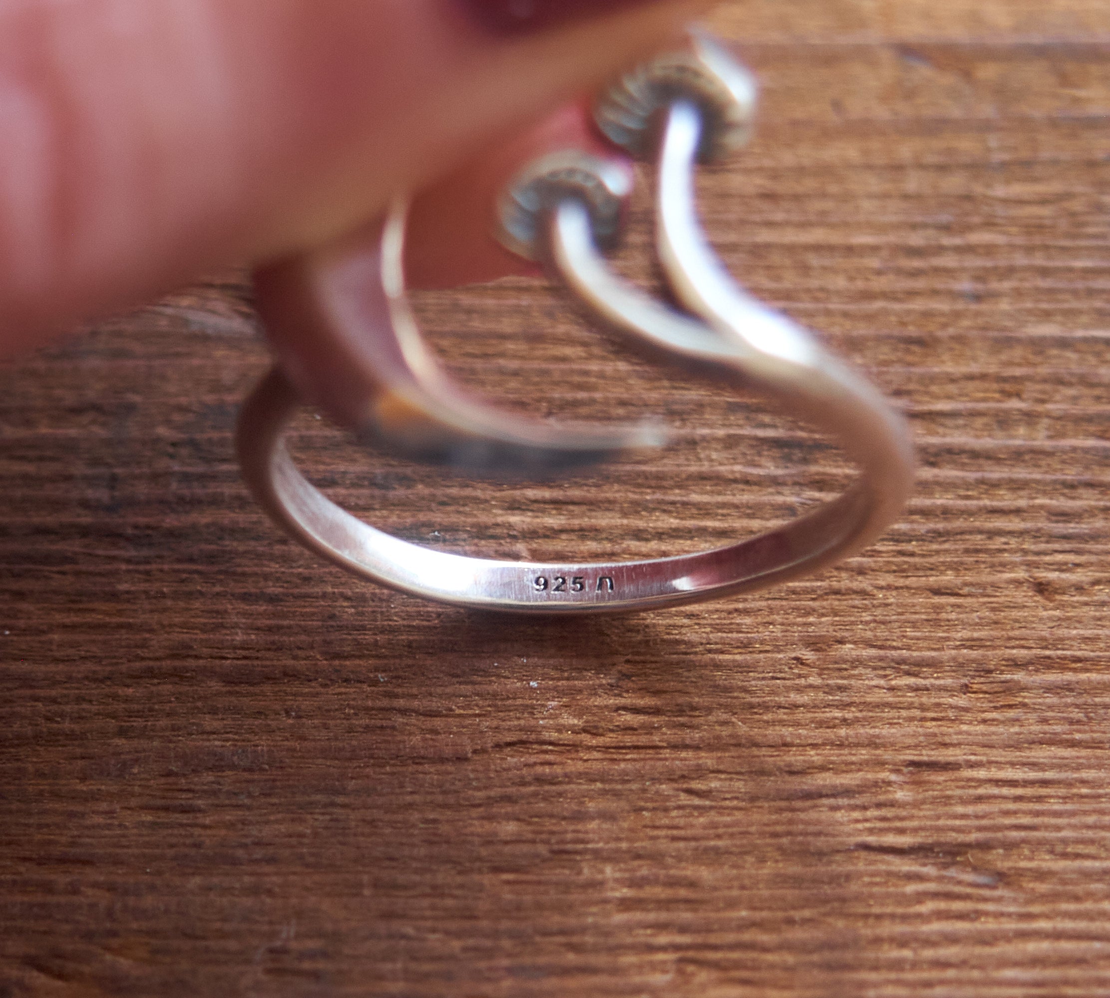 Close up of 925 stamp on sterling silver moon ring