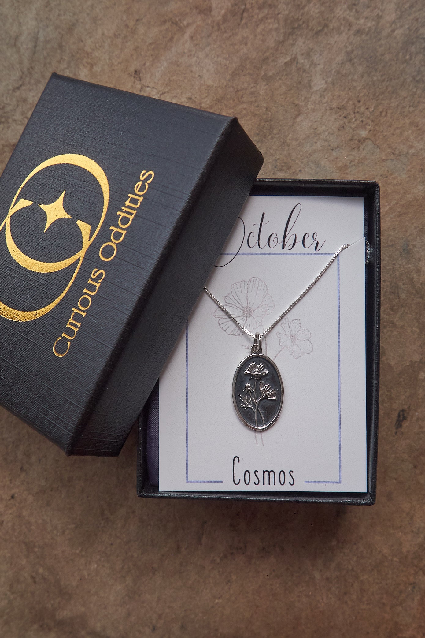 October silver Cosmos birth flower necklace