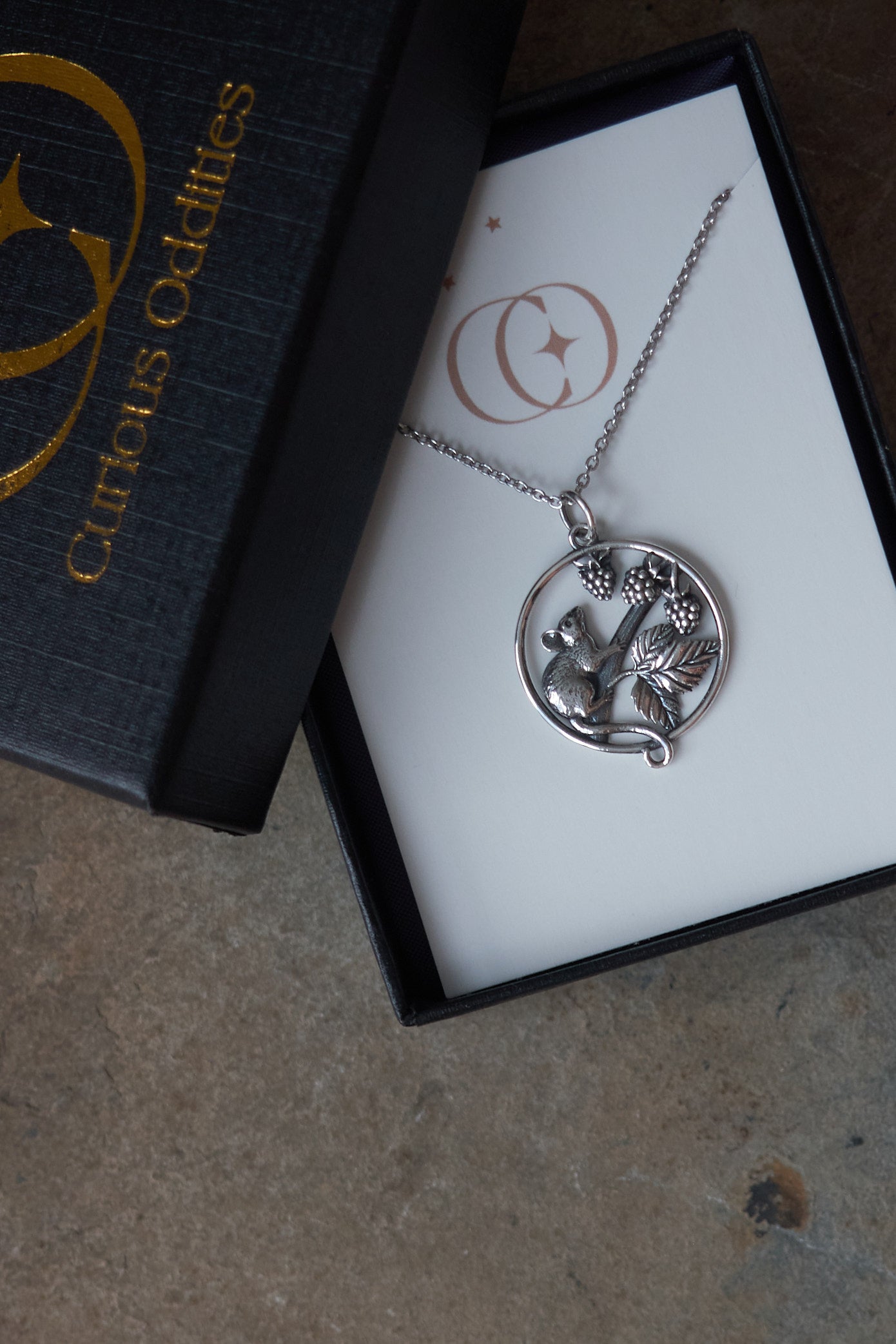 Silver necklace with a mouse and blackberry pendant on a white card, next to a black box with 'Curious Oddities' branding.