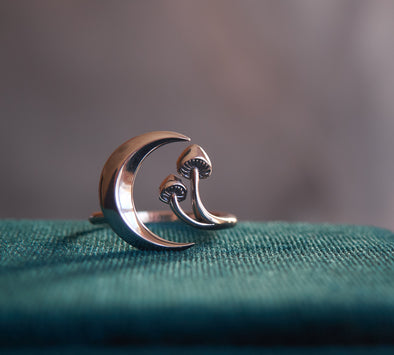 Sterling silver adjustable ring featuring a crescent moon and mushroom