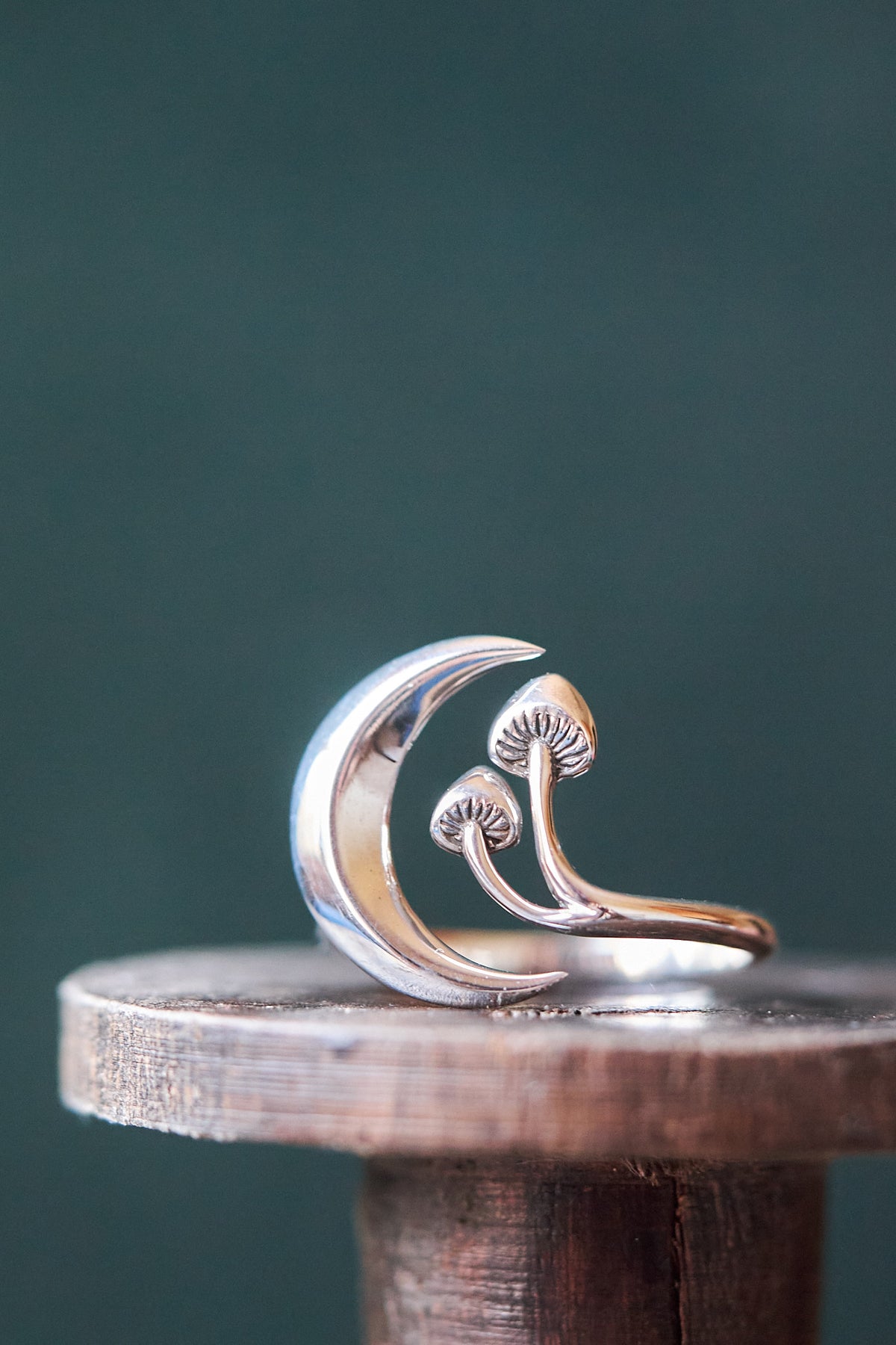 Adjustable Silver Magic Mushroom & Moon Ring