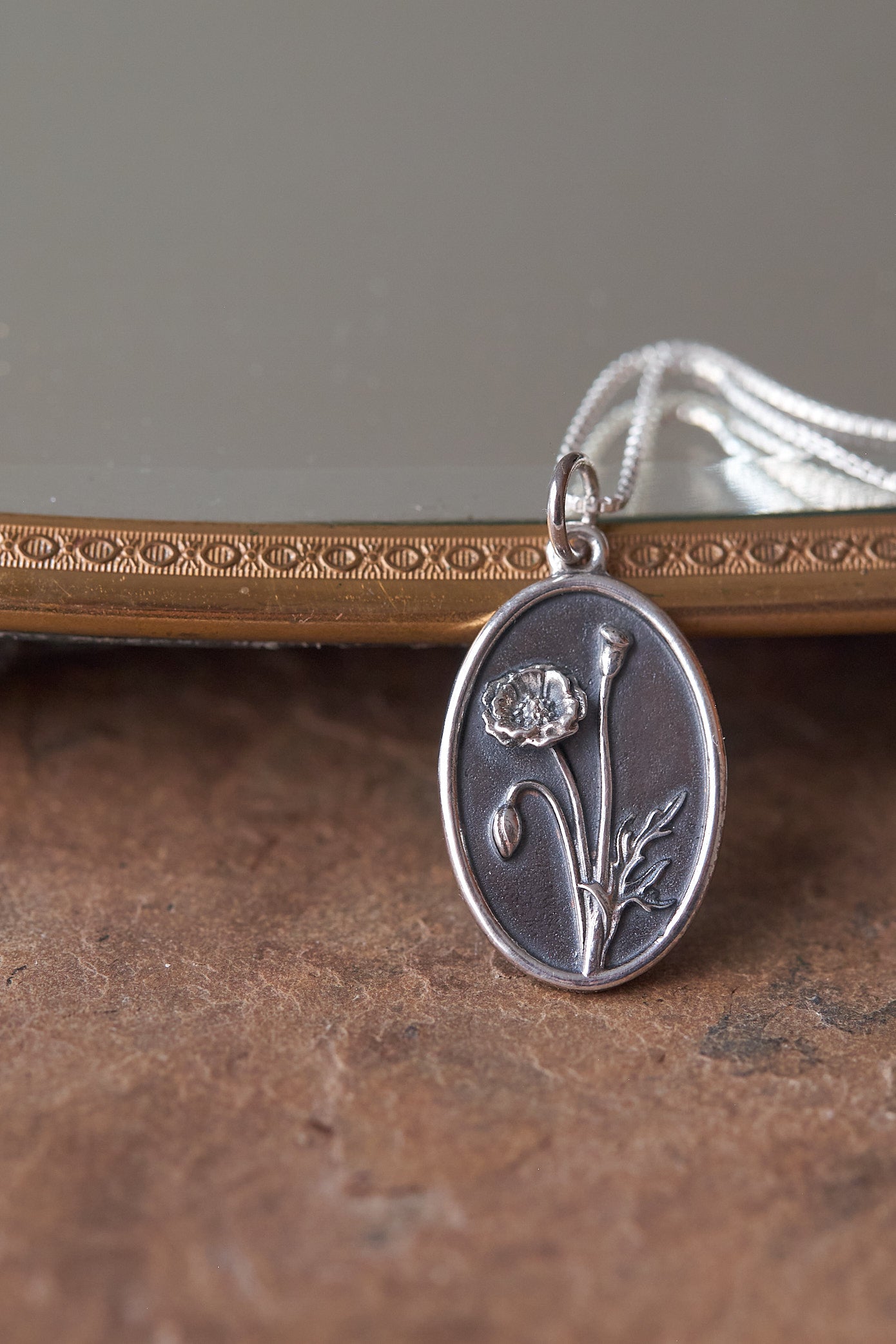 August silver Poppy birth flower necklace
