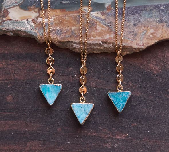 3 gold edged, triangle Amazonite gemstone necklaces