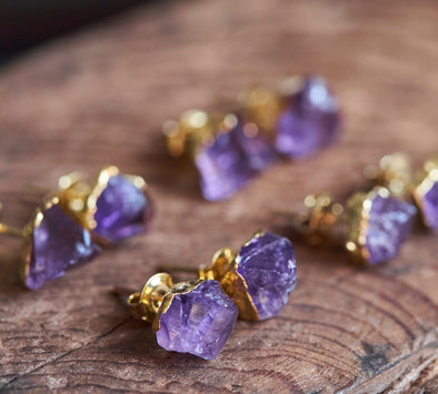 Raw amethyst crystal earrings in purple and gold