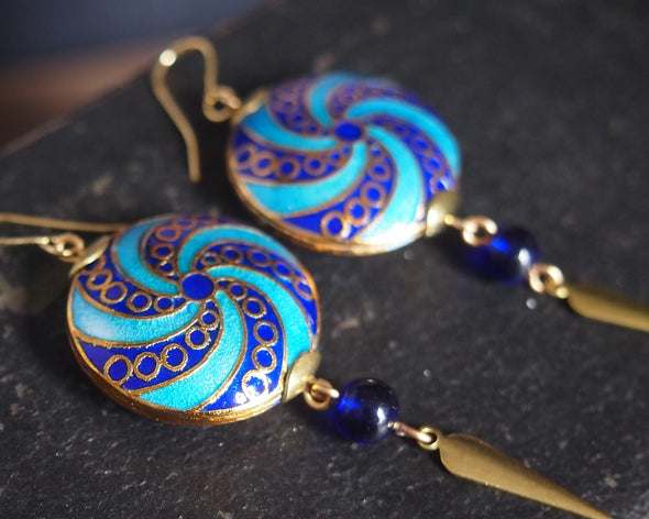 Blue spiral cloisonne enamel earrings