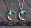 Matte gold crescent moon necklace with turquoise with brass and gold plated chain options