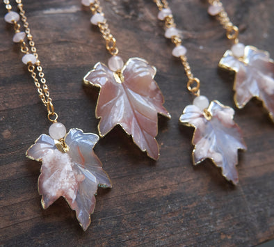 Cherry agate leaf necklaces with rose quartz detail