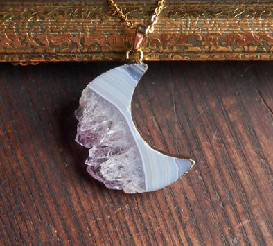 Amethyst and Agate crystal moon necklace