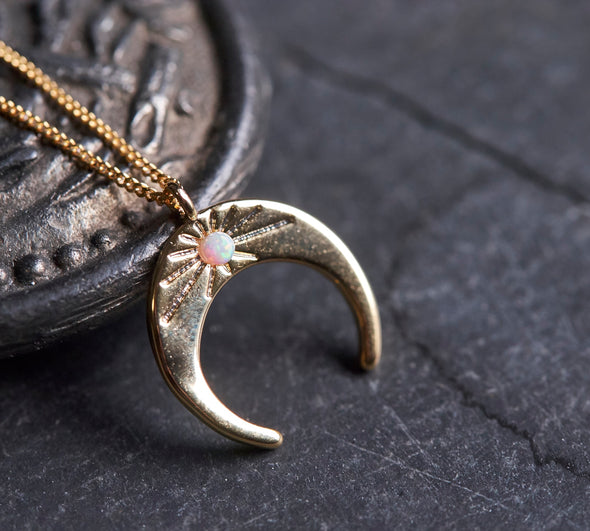 Opal and gold dainty moon everyday necklace