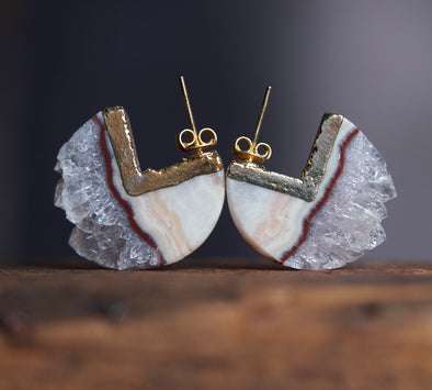 Amethyst and cream jasper wrap around stud earrings