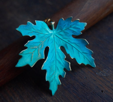 Large blue green maple leaf necklace 